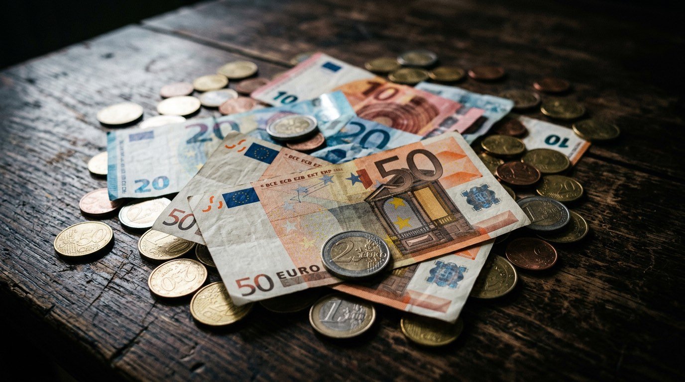 Euro-Geldscheine und Münzen auf dunklem Tisch — Bankgebühren im Vergleich